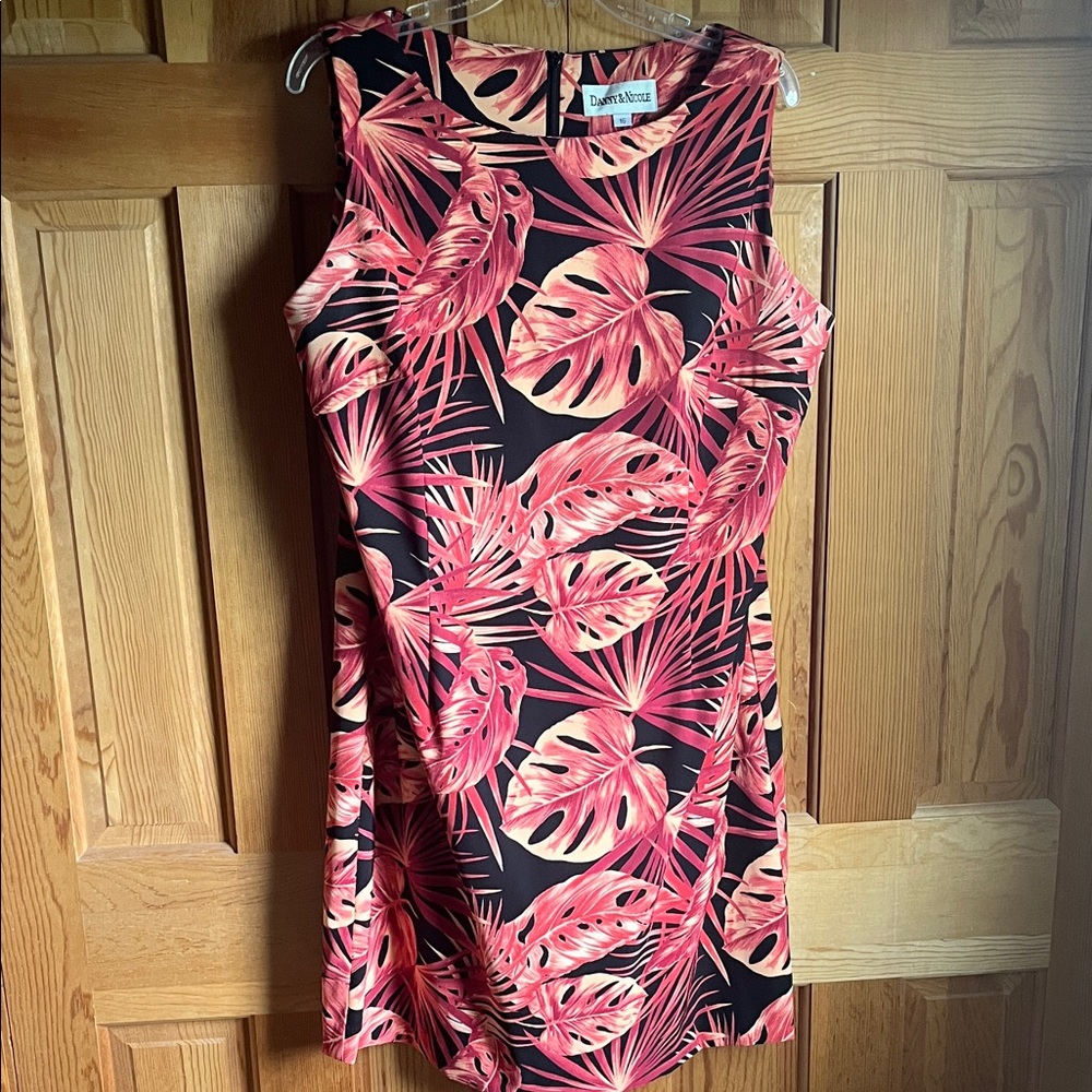 Danny & Nicole Coral and Black Leaf Print Knee length Dress